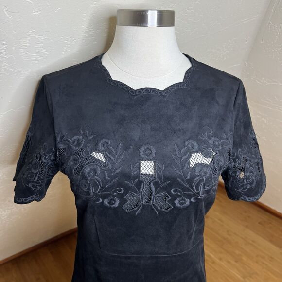 Zara Mini Dress Womens Small Black Micro Suede Cutout Floral Embroidery - Picture 3 of 8